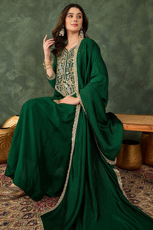 Green Floral Embroidered Silk Straight Cut Suit (ACB1410)