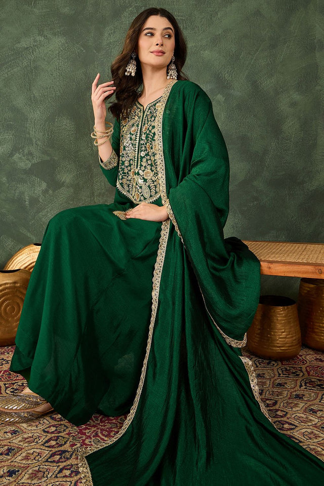 Green Floral Embroidered Silk Straight Cut Suit (ACB1410)