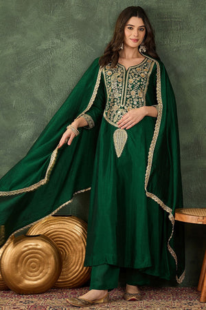 Green Floral Embroidered Silk Straight Cut Suit (ACB1410)