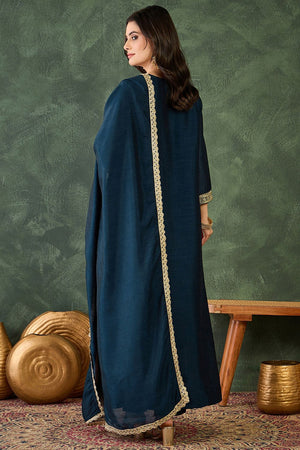 Blue Floral Embroidered Silk Straight Cut Suit (ACB1411)