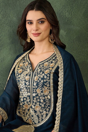 Blue Floral Embroidered Silk Straight Cut Suit (ACB1411)