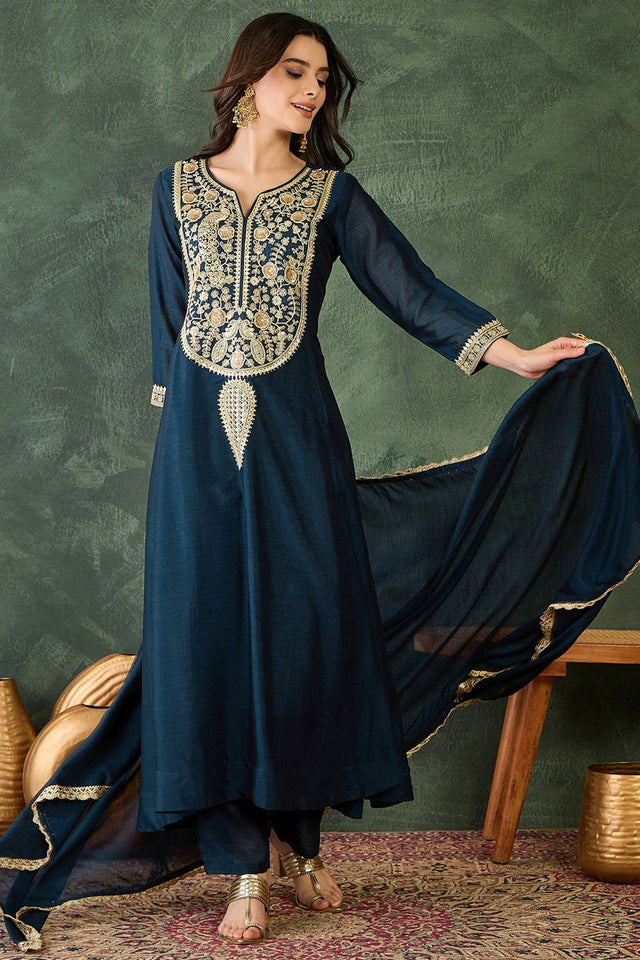 Blue Floral Embroidered Silk Straight Cut Suit (ACB1411)