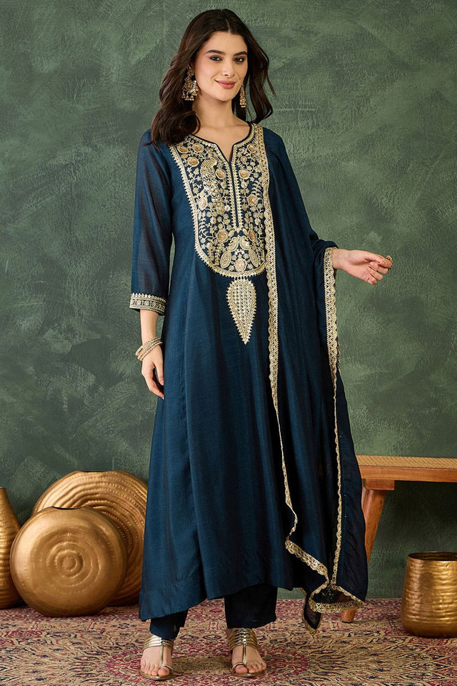 Blue Floral Embroidered Silk Straight Cut Suit (ACB1411)