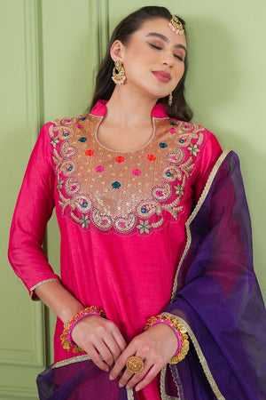 Pink Floral Embroidered Silk Straight Cut Suit (ACB1412)