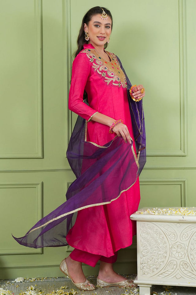 Pink Floral Embroidered Silk Straight Cut Suit (ACB1412)