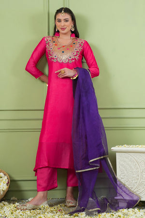Pink Floral Embroidered Silk Straight Cut Suit (ACB1412)