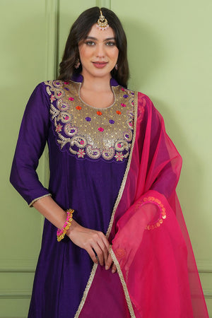 Violet Floral Embroidered Silk Straight Cut Suit (ACB1413)