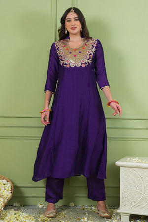 Violet Floral Embroidered Silk Straight Cut Suit (ACB1413)
