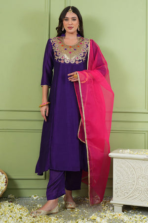 Violet Floral Embroidered Silk Straight Cut Suit (ACB1413)