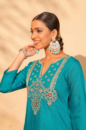 Turquoise Floral Embroidered Silk Straight Cut Suit (ACB1414)