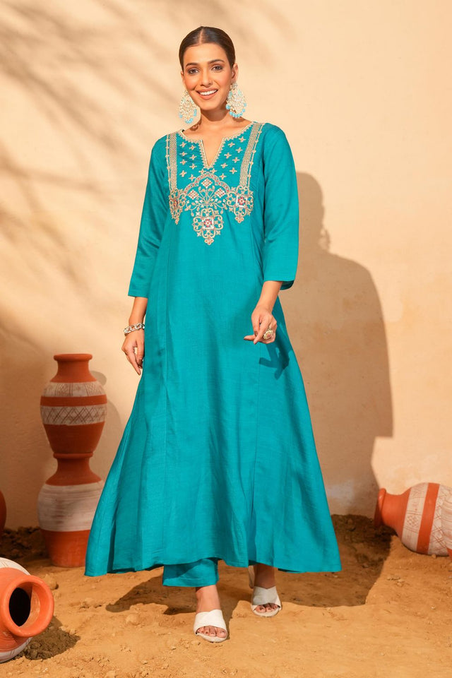 Turquoise Floral Embroidered Silk Straight Cut Suit (ACB1414)