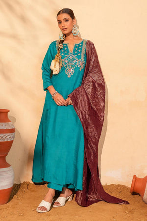 Turquoise Floral Embroidered Silk Straight Cut Suit (ACB1414)