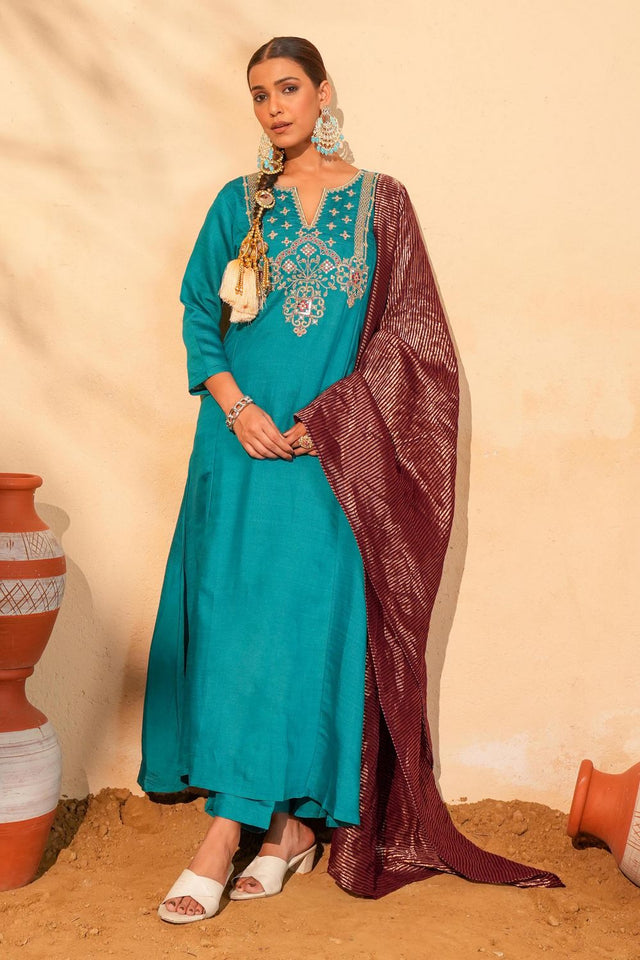 Turquoise Floral Embroidered Silk Straight Cut Suit (ACB1414)