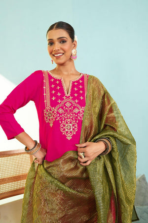 Pink Floral Embroidered Silk Straight Cut Suit (ACB1415)