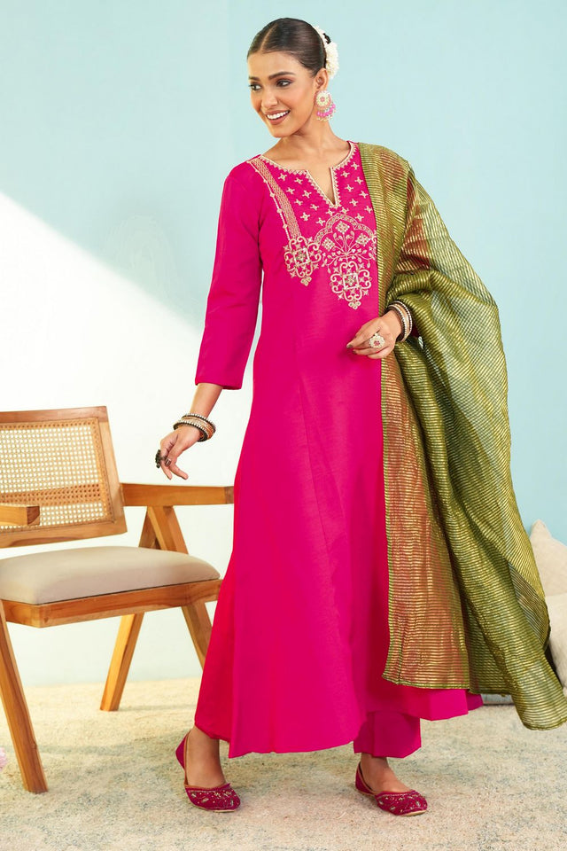Pink Floral Embroidered Silk Straight Cut Suit (ACB1415)