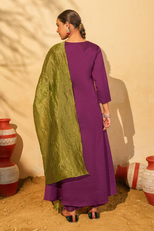 Wine Floral Embroidered Silk Straight Cut Suit (ACB1416)