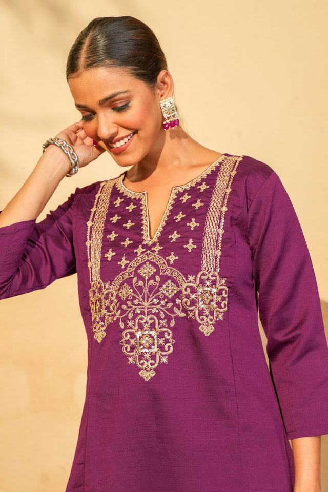 Wine Floral Embroidered Silk Straight Cut Suit (ACB1416)