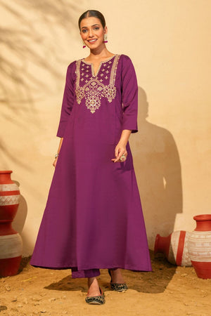 Wine Floral Embroidered Silk Straight Cut Suit (ACB1416)