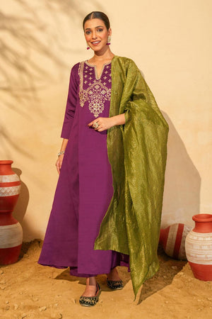 Wine Floral Embroidered Silk Straight Cut Suit (ACB1416)