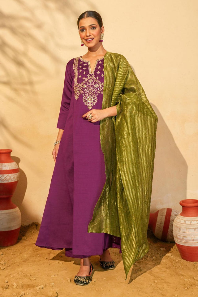 Wine Floral Embroidered Silk Straight Cut Suit (ACB1416)