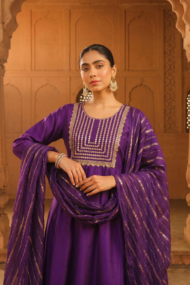 Violet Floral Embroidered Silk Anarkali Suit (ACB1418)
