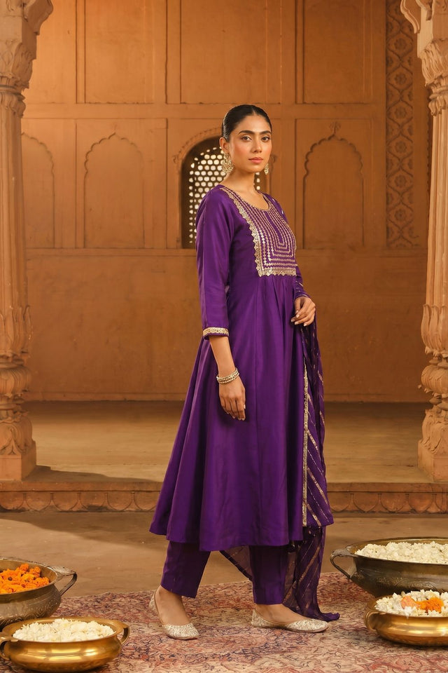 Violet Floral Embroidered Silk Anarkali Suit (ACB1418)