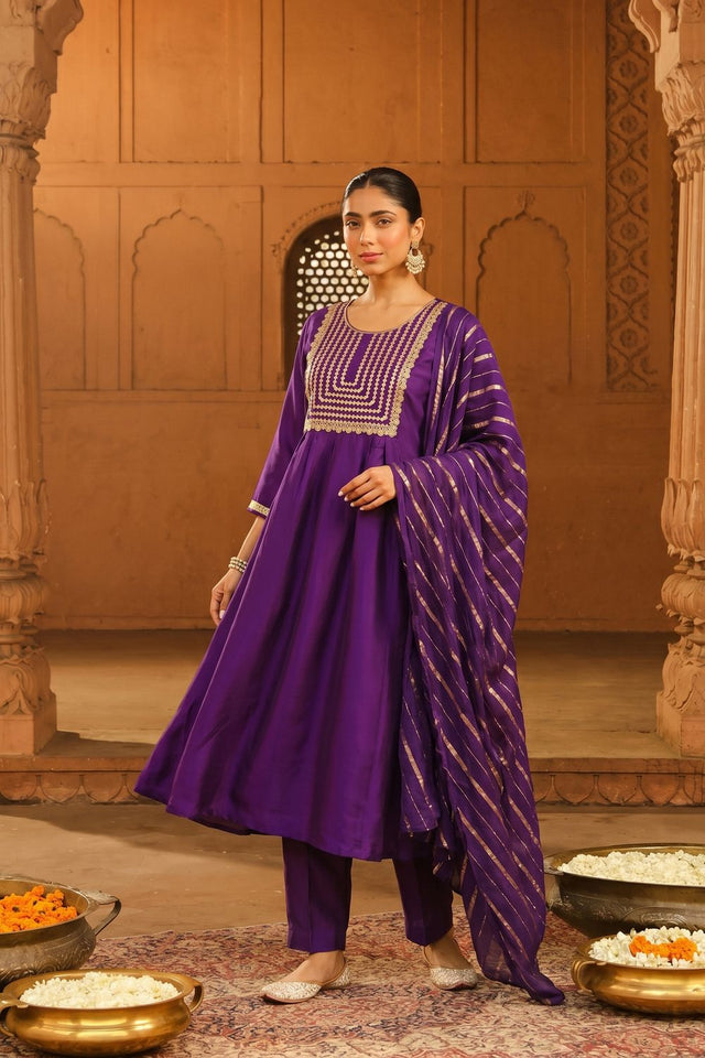 Violet Floral Embroidered Silk Anarkali Suit (ACB1418)