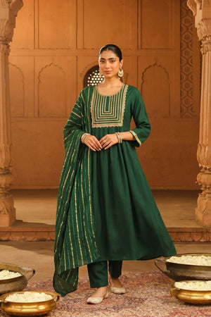 Green Floral Embroidered Silk Anarkali Suit (ACB1419)