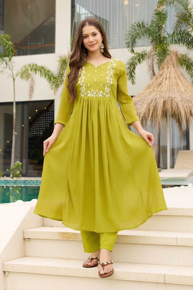 Yellow Floral Embroidered Chinon Anarkali Suit (ACB1420)
