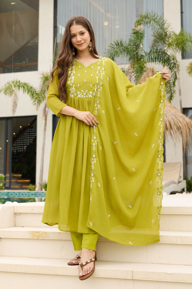 Yellow Floral Embroidered Chinon Anarkali Suit (ACB1420)