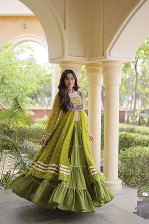 Green Flared with Lace Work Cotton Lehenga (ACB1422)