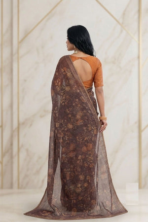 Brown Floral Printed Georgette Saree (ACB1425)