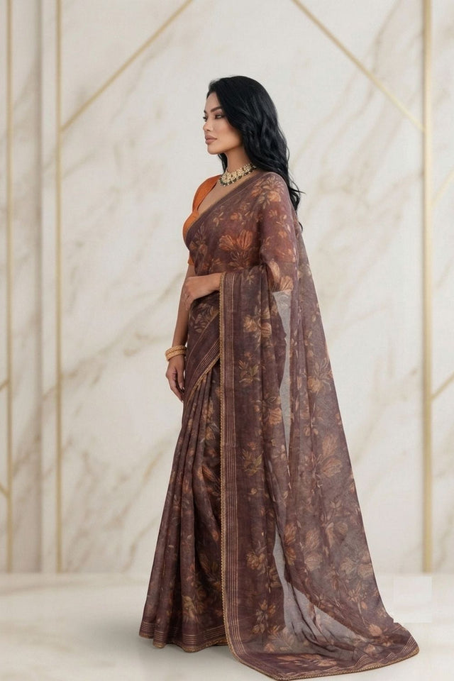 Brown Floral Printed Georgette Saree (ACB1425)