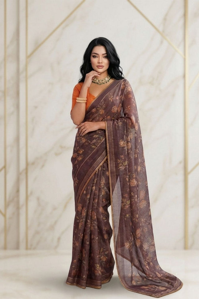 Brown Floral Printed Georgette Saree (ACB1425)
