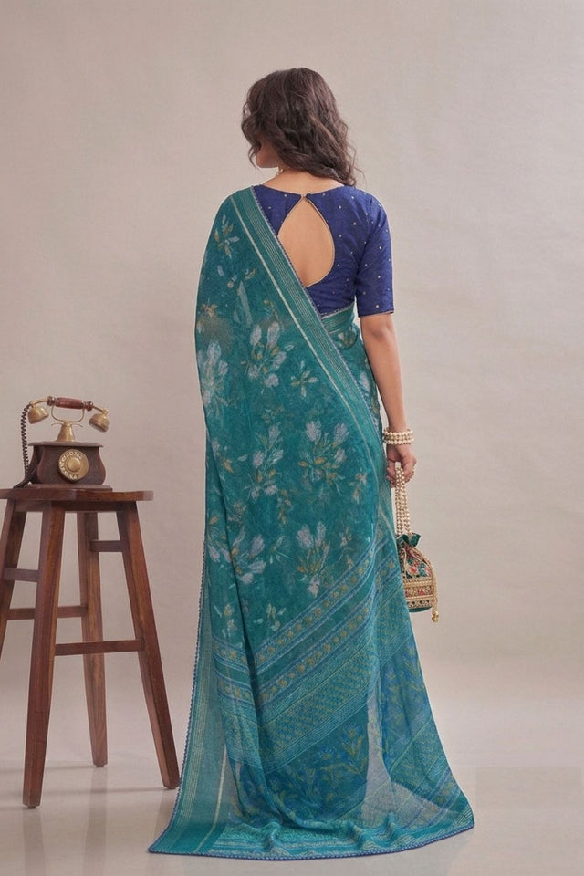 Turquoise Floral Printed Georgette Saree (ACB1428)