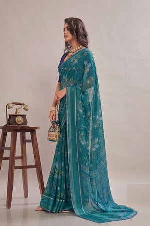 Turquoise Floral Printed Georgette Saree (ACB1428)