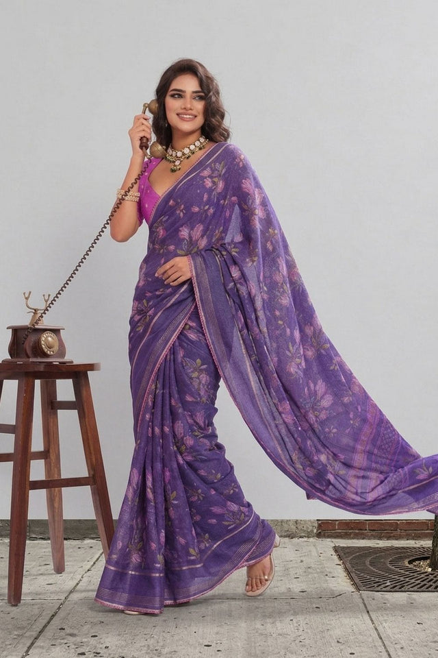 Violet Floral Printed Georgette Saree (ACB1429)