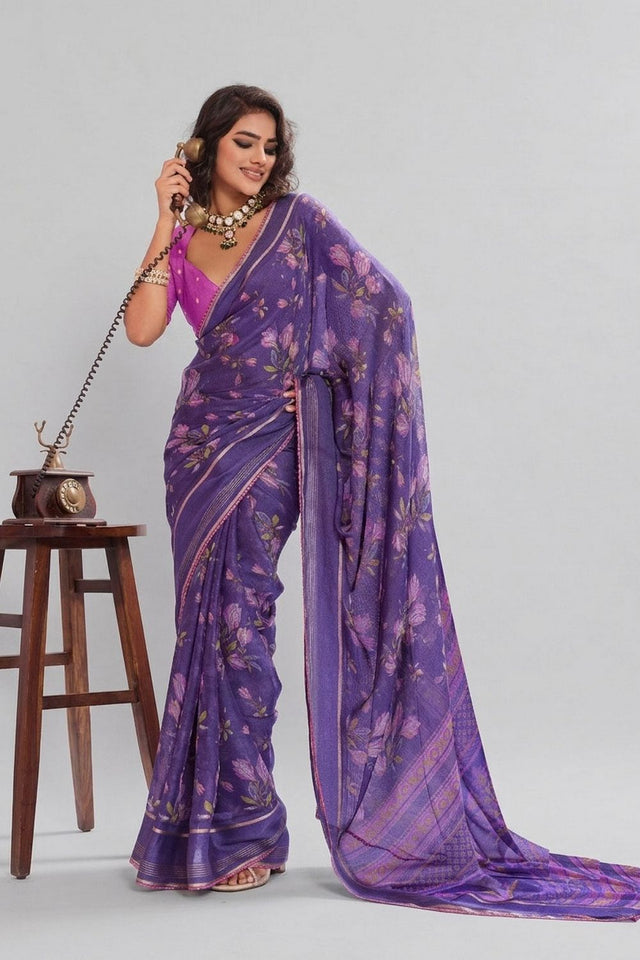 Violet Floral Printed Georgette Saree (ACB1429)
