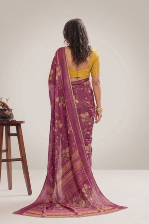 Wine Floral Printed Georgette Saree (ACB1430)