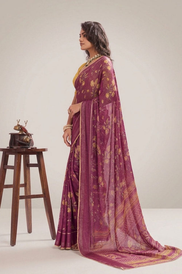 Wine Floral Printed Georgette Saree (ACB1430)