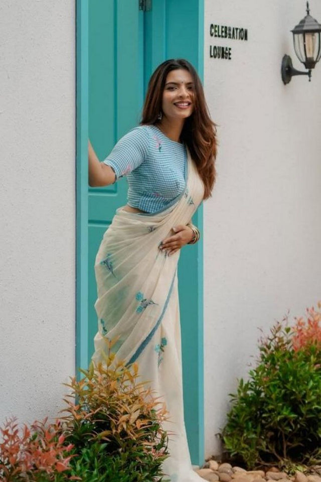 Off White Floral Printed Cotton Saree (ACB1431)