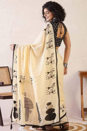 Yellow Warli Art Printed Cotton Saree (ACB1432)