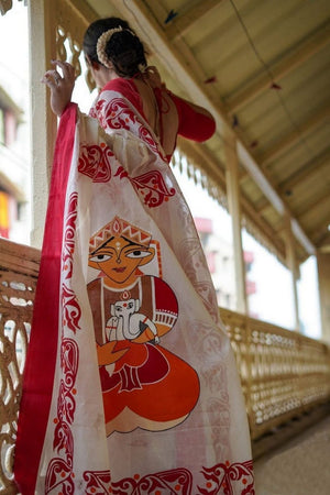 Red Printed Cotton Saree (ACB1433)
