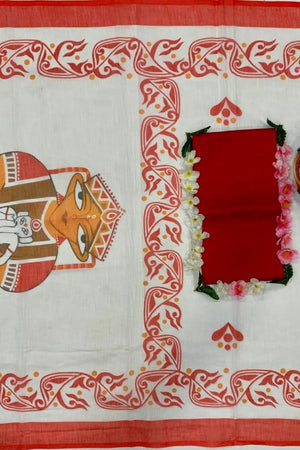 Red Printed Cotton Saree (ACB1433)