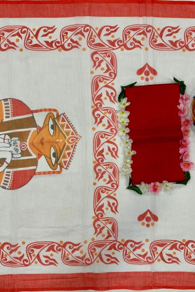 Red Printed Cotton Saree (ACB1433)