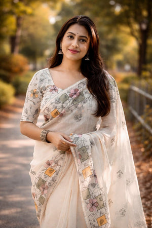 Cream Floral Printed Cotton Saree (ACB1434)