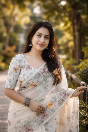 Cream Floral Printed Cotton Saree (ACB1434)