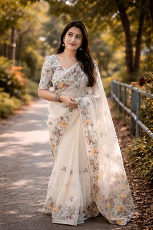 Cream Floral Printed Cotton Saree (ACB1434)
