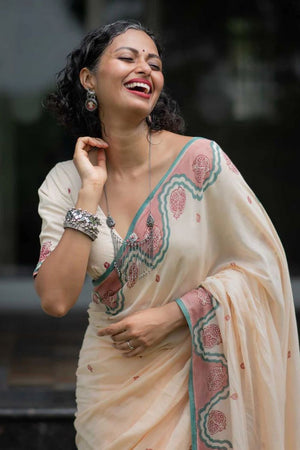 Peach Printed Cotton Saree (ACB1435)