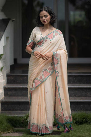 Peach Printed Cotton Saree (ACB1435)